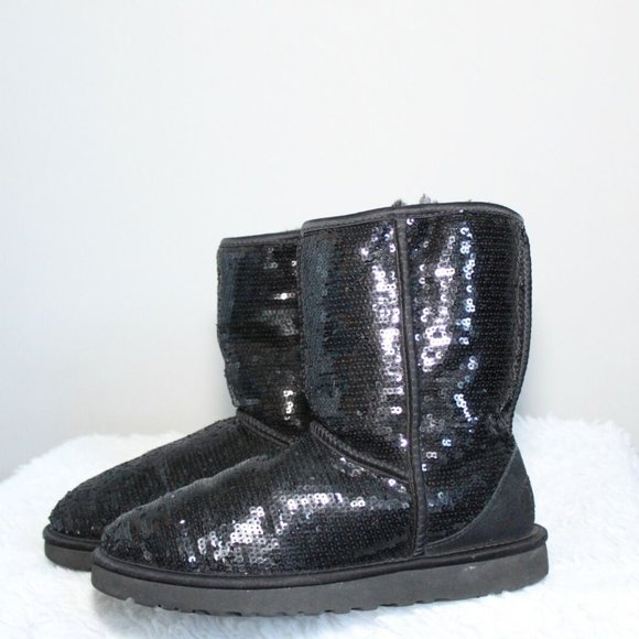 UGG Classic Short Sparkles Black Boots Sequin Sheepskin 3161 Women's 8 H12133 - Picture 10 of 11